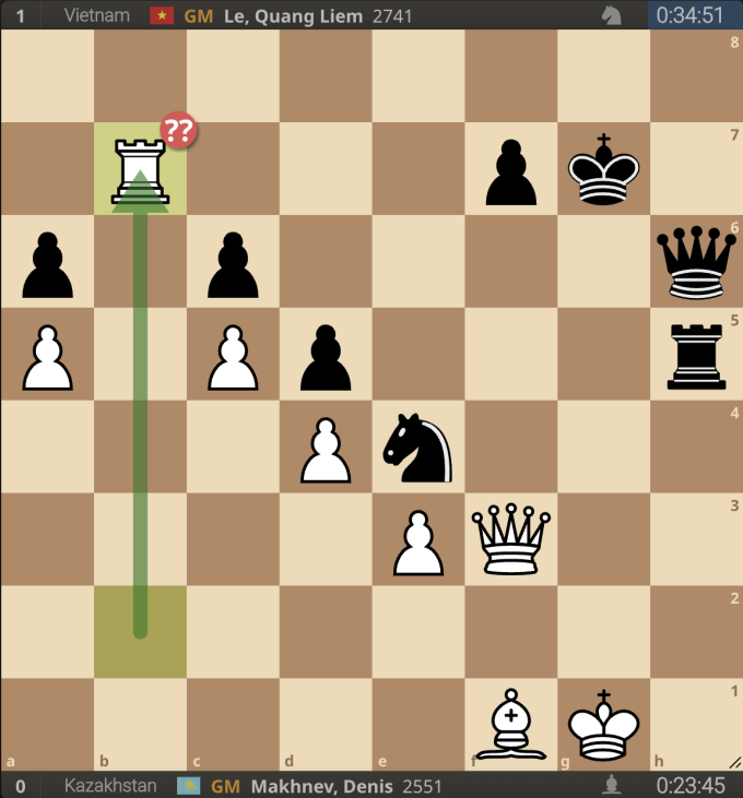 Thế cờ sau nước 43.Rxb7 của Trắng, bị coi là sai lầm chí mạng (hai dấu chấm hỏi). Hãy tìm ra cách để Quang Liêm chiếu hết sau ba nước.