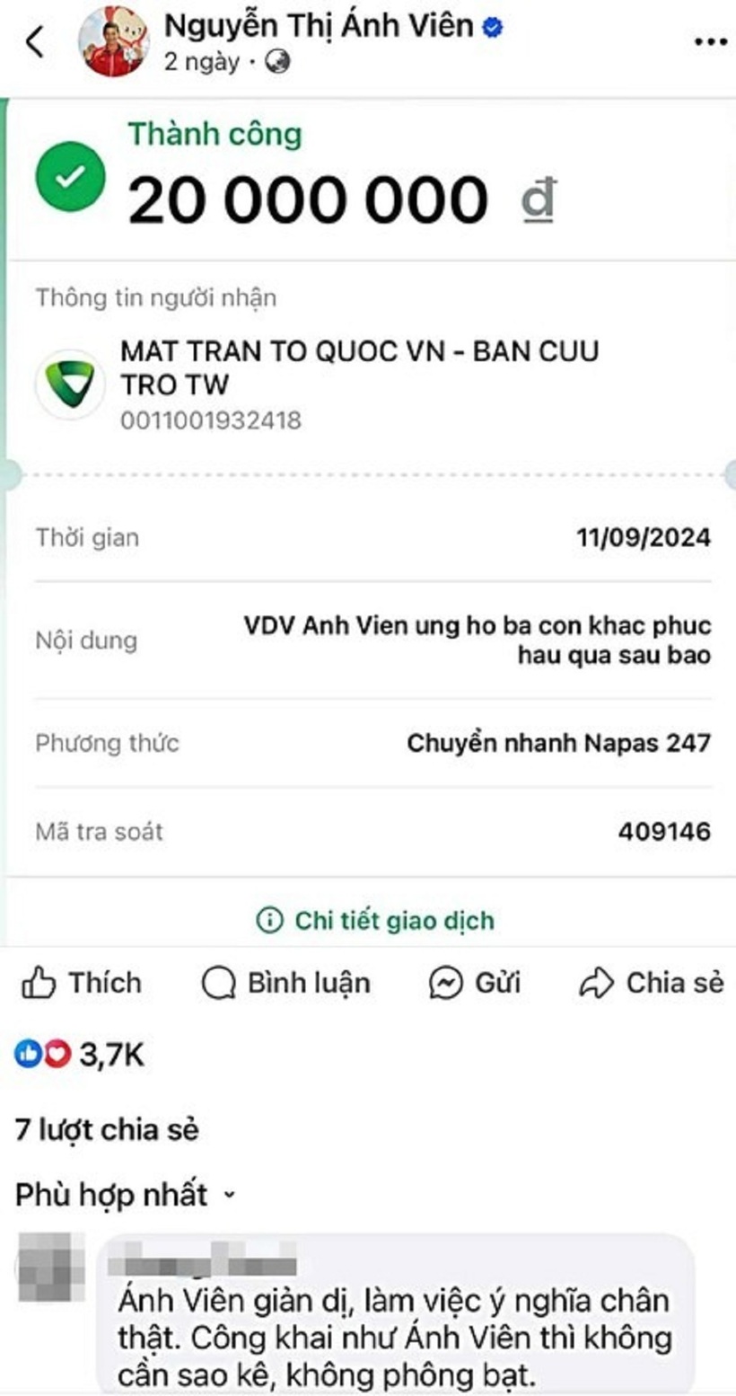 Ánh Viên công khai số tiền ủng hộ người dân bị ảnh hưởng do mưa bão.