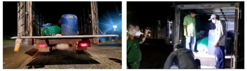 Lực lượng chức năng kiểm tra và phát hiện xe chở heo chết. Ảnh: Công an Đồng Nai