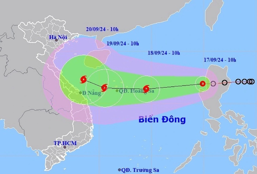 Dự báo vị trí và đường đi của áp thấp nhiệt đới, có khả năng mạnh lên thành bão. Ảnh: Trung tâm Dự báo khí tượng thủy văn quốc gia