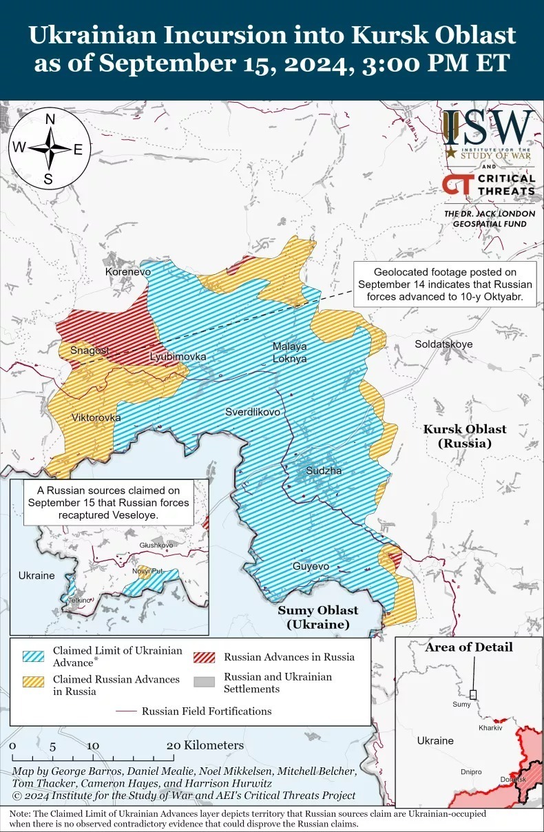 Bản đồ do Viện Nghiên cứu Chiến tranh (ISW) công bố ngày 15/9/2024 cho thấy tình hình hiện tại ở khu vực Kursk của Nga. Ảnh: ISW/ Newsweek
