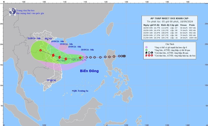 Dự báo hướng di chuyển của  áp thấp nhiệt đới sắp mạnh thành bão số 4. Ảnh: VietNamNet