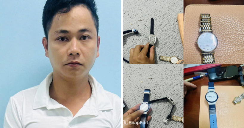 Đỗ Văn Anh cùng tang vật vụ án. (Ảnh: Công an quận Tây Hồ)