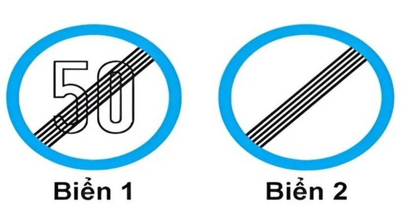 Biển 1 báo hiệu hết tốc độ tối đa 50km/h và biển 2 báo hiệu hết mọi lệnh cấm.