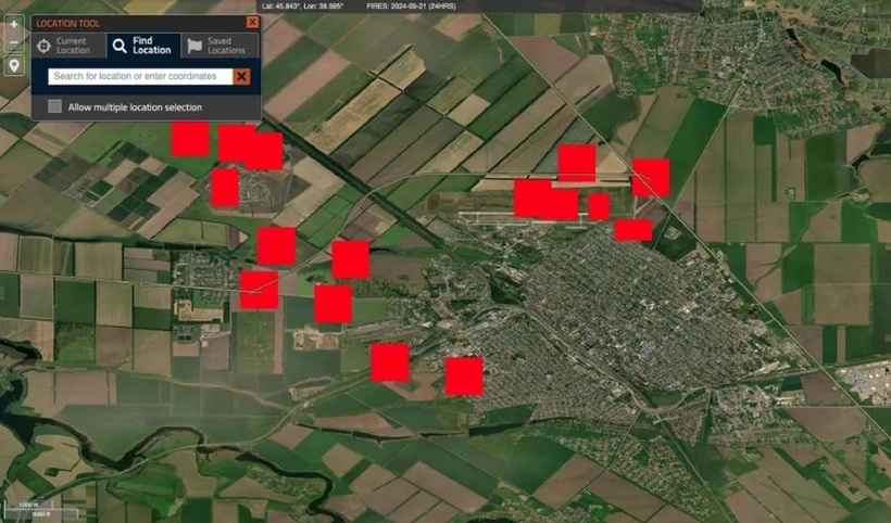 Các tín hiệu nhiệt mới phát sinh gần Tikhoretsk, thuộc tỉnh Krasnodar của Nga. Ảnh: NASA FIRMS