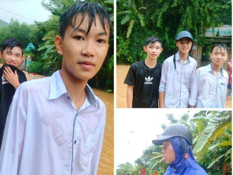 4 nam sinh quyết định dừng lại để hỗ trợ người dân qua đường. Ảnh: Báo Dân trí.