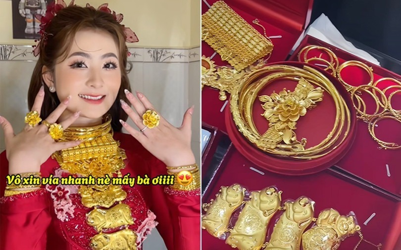 Cô dâu Bến Tre đeo 26 cây vàng khiến dân mạng xôn xao.