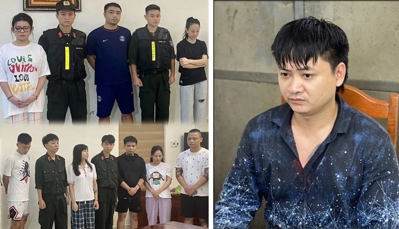 Đỗ Hoàng Hiệp (áo xanh) và các đối tượng trong đường dây ma túy tàng trữ, mua bán, vận chuyển, tổ chức trái phép chất ma túy bị bắt giữ. (Ảnh: Công an)