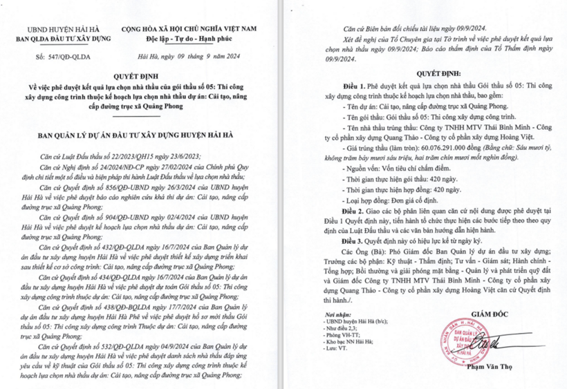 Các đơn vị Thái Bình Minh - Quang Thảo - Hoàng Việt trúng gói thầu trị giá hơn 60 tỷ đồng, tiết kiệm 0,1%.