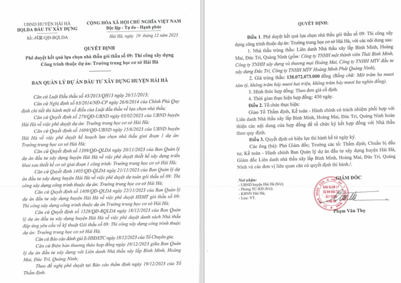 Liên danh Thái Bình Minh- Hoàng Mai - Đức Trí - Quảng Ninh trúng gói thầu số 09 trị giá hơn 138 tỷ đồng, tiết kiệm 0,55%.
