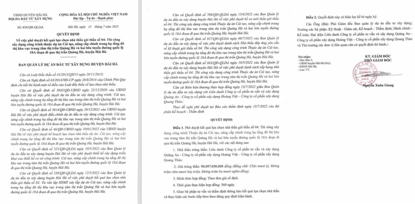 Quang Thảo liên danh với Quảng An - Hoàng Việt trúng gói thầu số 04 theo Quyết định số 850/QĐ-QLDA ngày 13/7/2022.