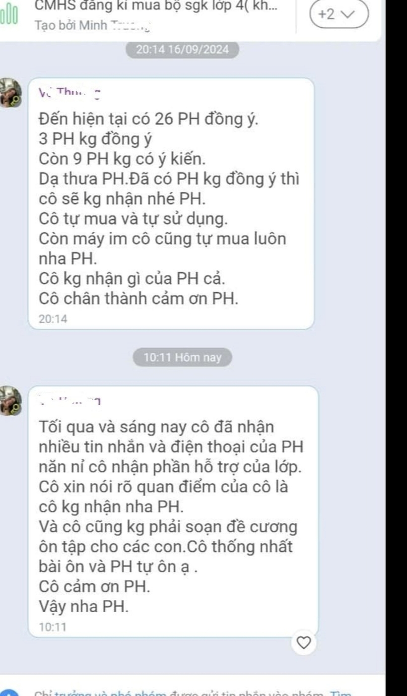 Tin nhắn của cô T.P.H. trong nhóm Zalo phụ huynh lớp. Ảnh: Báo Giao Thông