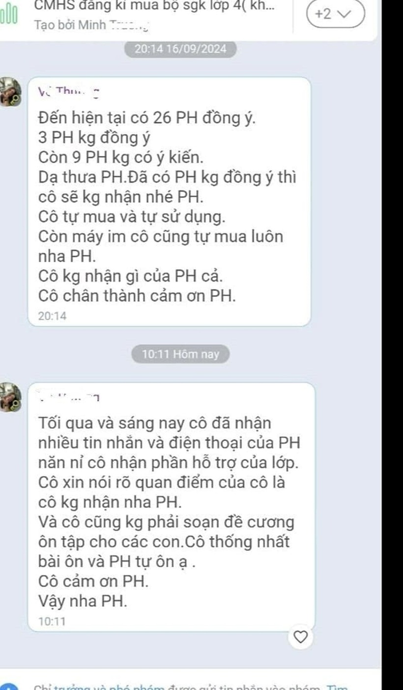 Giáo viên này sau đó từ chối nhận hỗ trợ nhưng thông báo với phụ huynh sẽ không soạn đề cương ôn tập. Ảnh: Báo Công lý.