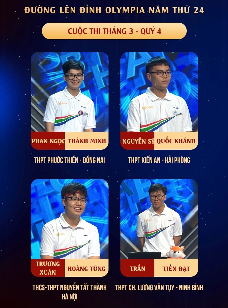 Bốn thí sinh của cuộc thi Tháng 3 - Quý 4 của chương trình Đường Lên Đỉnh Olympia năm thứ 24. Ảnh: Báo Giáo dục và Thời đại.