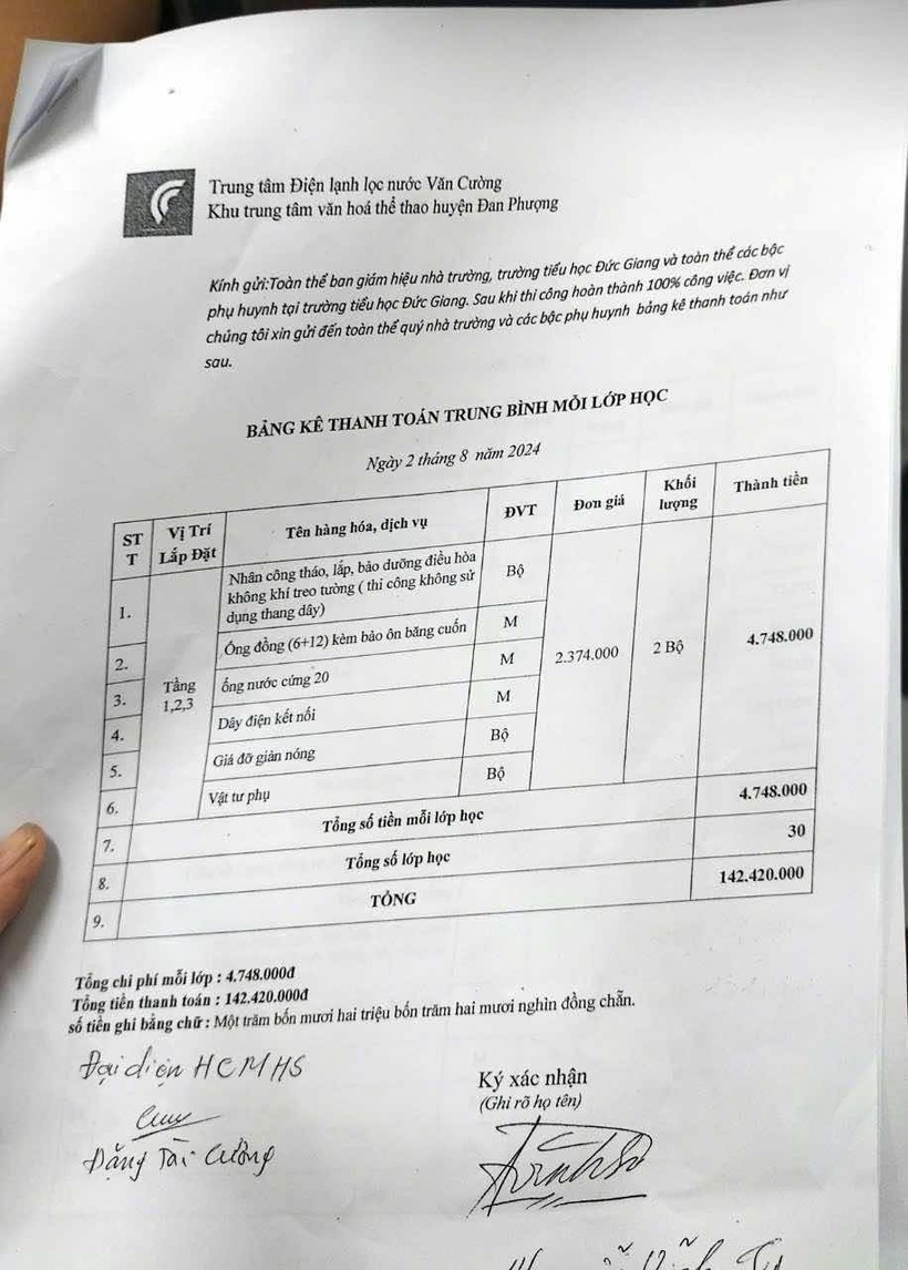 Bảng kê thai thanh toán trung bình mỗi lớp học. Ảnh: Dân Việt