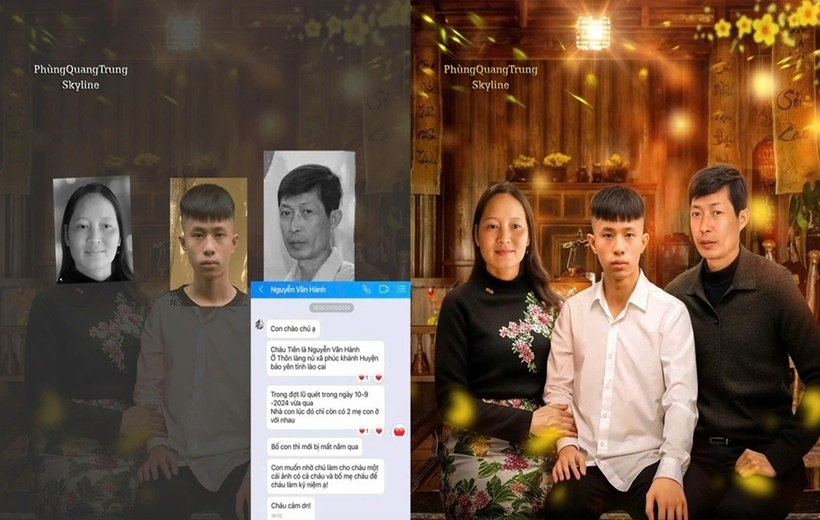 Em Nguyễn Văn Hành nhờ anh Trung phục dựng bức ảnh với bố mẹ để làm kỷ niệm. (Ảnh: Phùng Quang Trung)