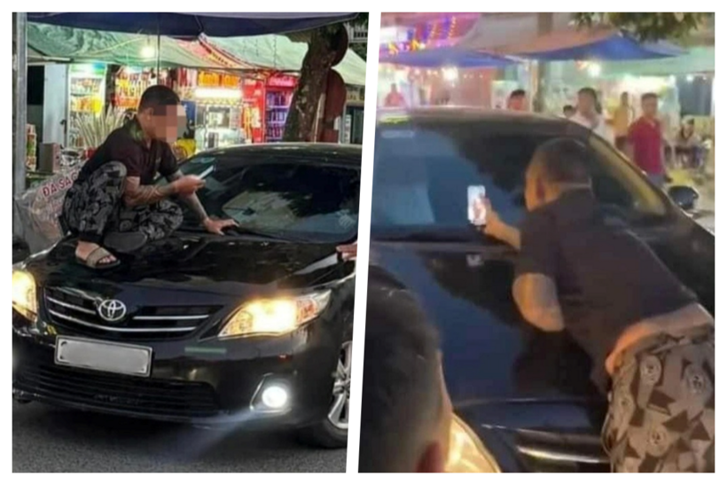Người đàn ông ngồi trên nắp capo chiếc ô tô đang di chuyển, được cho là đi đánh ghen. Ảnh: Dân trí