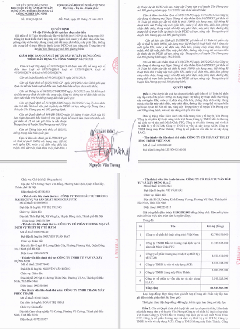Liên danh Minh Châu - Kỹ thuật công trình Việt Nam - H.T.M - ACĐ- Phúc Thành- H.A.C trúng gói thầu trị giá 82,1 tỷ đồng, tỉ lệ tiết kiệm đạt 0,33%.