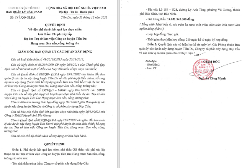 Quyết định số 888/QĐ-QLDA ngày 22/12/2022 phê duyệt Công ty Đáp Cầu trúng gói thầu trị giá 14,6 tỷ đồng.