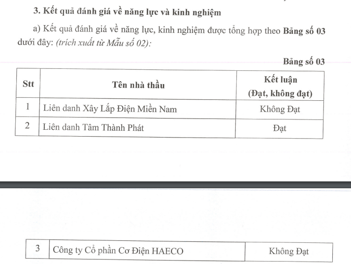2 nhà thầu Cơ điện Haeco và liên danh xây lắp điện miền Nam trượt thầu vì không đạt về năng lực và kinh nghiệm.