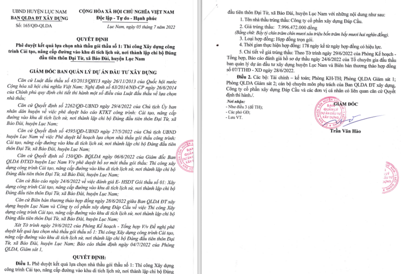 Giám đốc Ban QLDA ĐTXD huyện Lục Nam, Bắc Giang Trần Văn Hào ký phê duyệt cho Công ty Đáp Cầu trúng thầu.