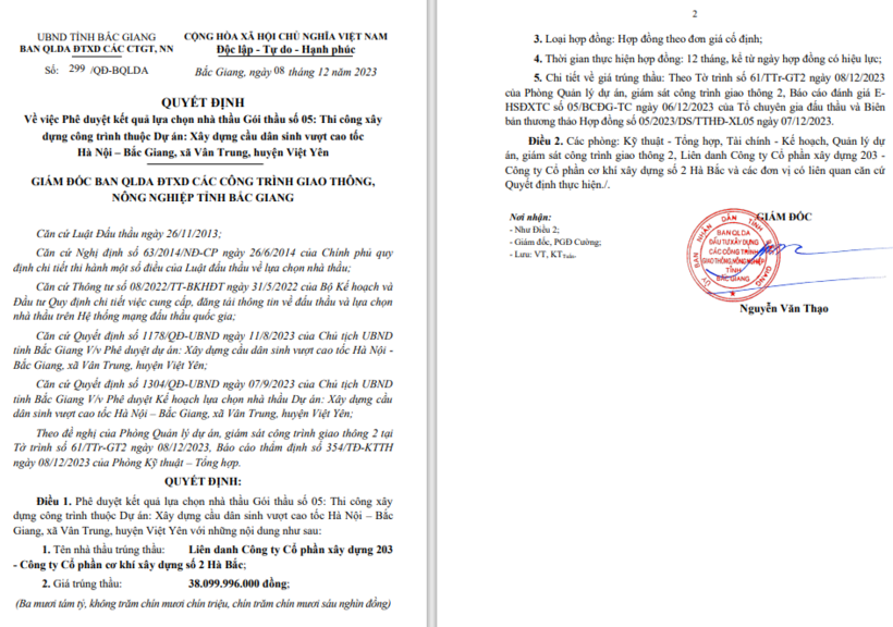 Giám đốc Nguyễn Văn Thạo ký phê duyệt cho Liên danh Xây dựng 203 - Coma 2 trúng gói thầu số 05 trị giá hơn 38 tỷ đồng, tiết kiệm 0,14%.