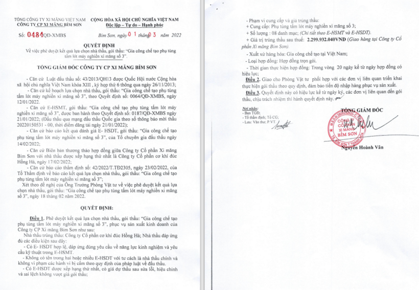 Cơ khí đúc Hồng Hà được Tổng Giám đốc Nguyễn Hoành Vân ký quyết định trúng gói thầu trị giá hơn 2,9 tỷ đồng, tiết kiệm đạt 0,003%.