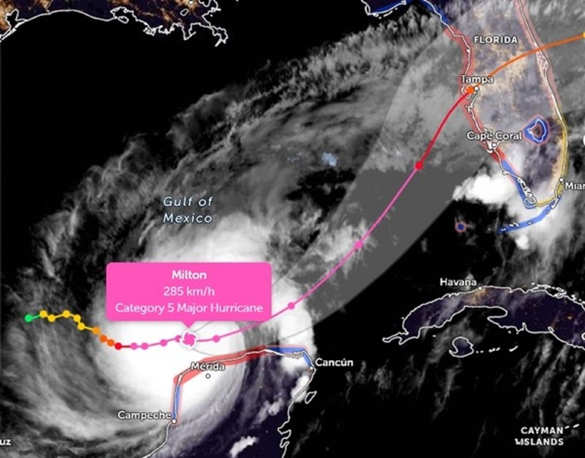 Vị trí của siêu bão Milton vào sáng nay (8/10) và đường đi dự báo. Ảnh: Zoom Earth, JMA, JTWC.