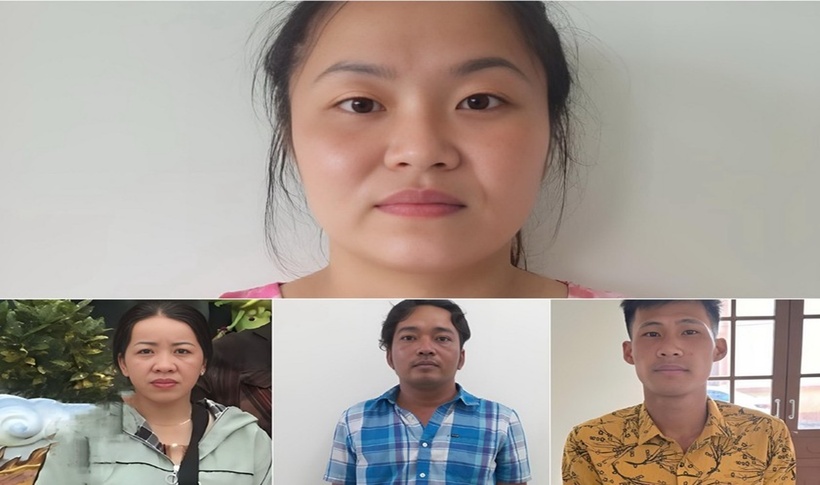 Bị can Huỳnh Thị Ngọc Thảo (ảnh trên) và các “chân rết” móc nối: Quách Thị Hoa, Lê Quang Tý, Hoàng Văn Cường (ảnh dưới, từ trái qua). (Ảnh: Công an)
