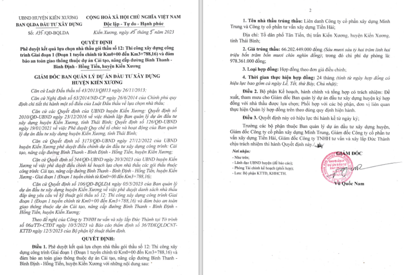 Liên danh Minh Trung - Tiền Hải trúng gói thầu trị giá 66,2 tỷ đồng, tiết kiệm 0,07%.