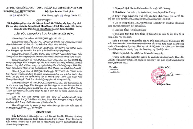 Nhà thầu Minh Trung không đối thủ canh tranh trúng gói thầu trị giá 17,9 tỷ đồng, tỉ lệ tiết kiệm đạt 0,2%.