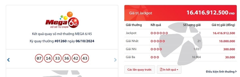 Kết quả xổ số Vietlott Mega 6/45 kỳ quay trước đó ngày 6/10/2024
