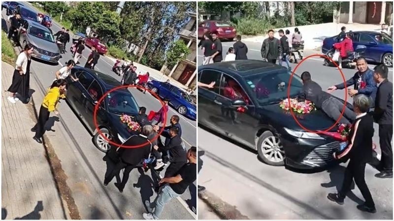 Anh trai nhất quyết leo lên nắp capo đòi tiền sính lễ. Ảnh: Sohu