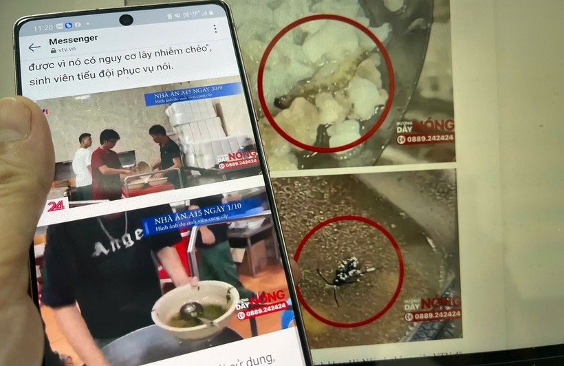 Hình ảnh dị vật và người phụ nữ áo đỏ đang đổ canh thừa vào tô để cho sinh viên ăn sau. (Ảnh: VTV 24)