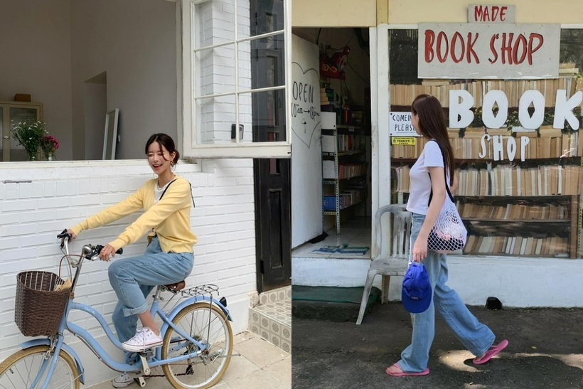 Áo thun trắng và quần jeans.