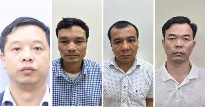 Từ trái qua phải là các bị can: Tặng, Tiến, Huy và Chuẩn. (Ảnh: Quang Minh)
