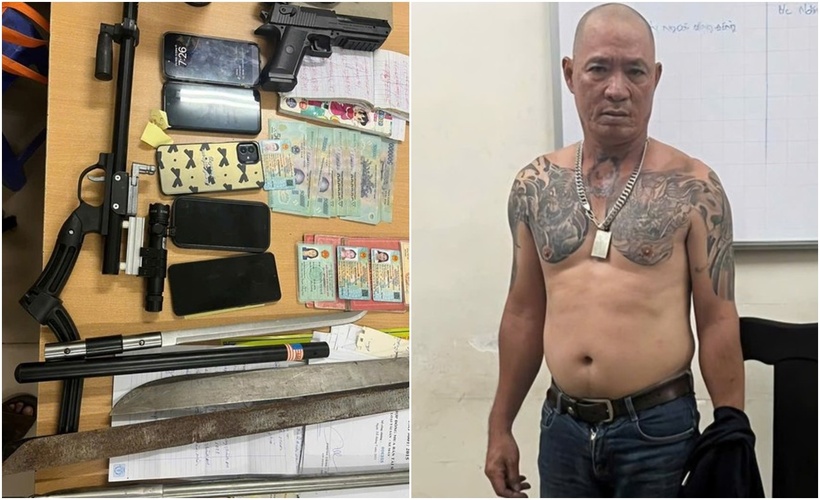 Đối tượng Trần Ngọc Huy và tang vật vụ án. (Ảnh: Công an)