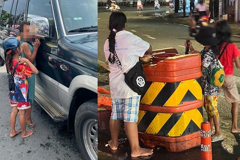 Nhóm hai bé gái và ba bé gái trong một lần xin tiền tại ngã tư Nguyễn Hữu Thọ - D15, D4 (thuộc phường Tân Hưng, quận 7). Ảnh: Pháp luật TP.HCM