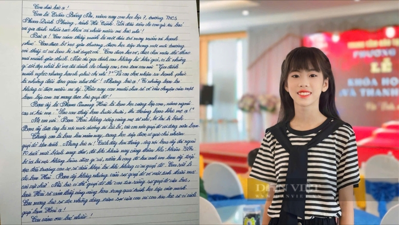 Nữ sinh Trần Bằng Nhi viết thư tay xin học bổng cho bạn cùng lớp có hoàn cảnh khó khăn. (Ảnh: Dân Việt)