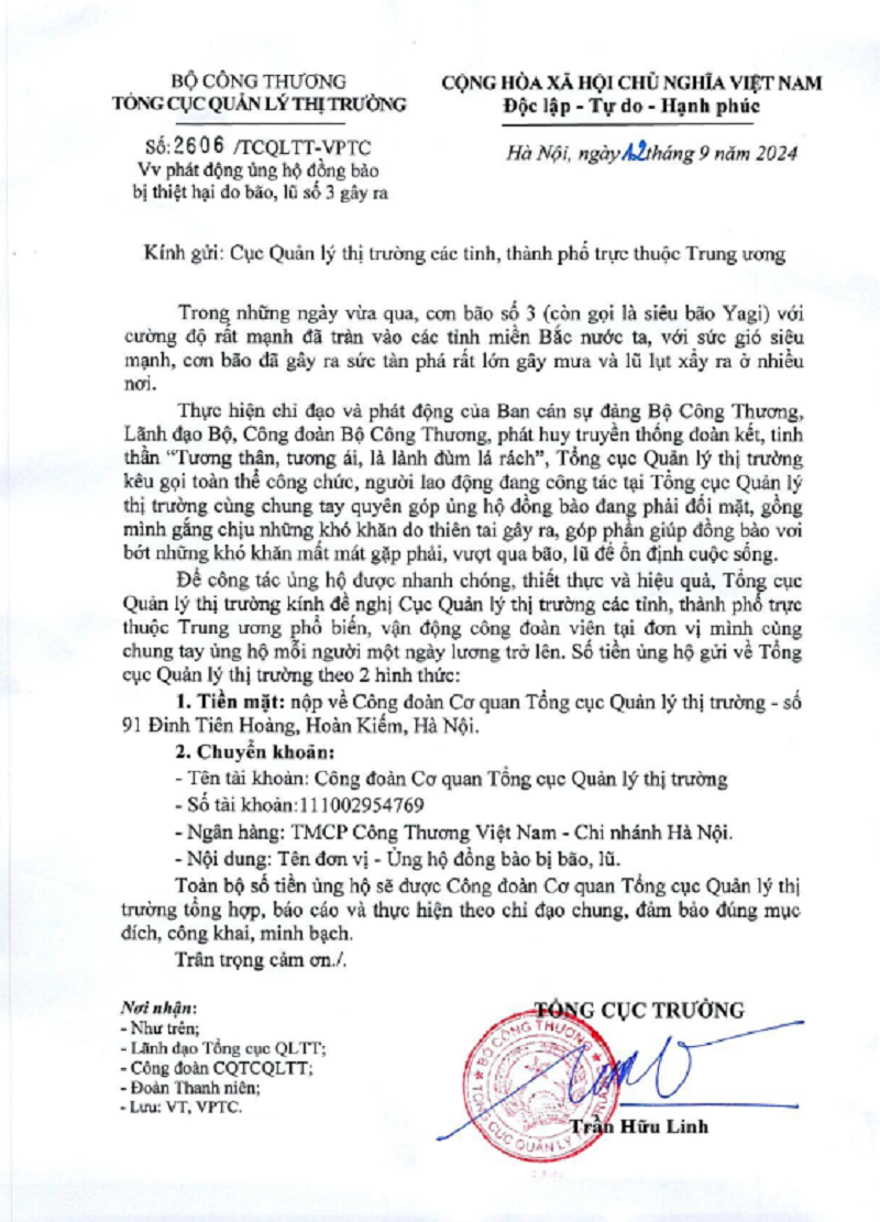 Công văn số 2606/TCQLTT-VPTC về ủng hộ đồng bào bị thiệt hại do bão số 3