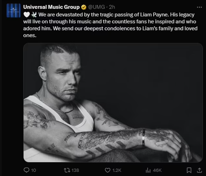 Universal Music Group đăng hình ảnh Liam Payne lên Instagram cùng lời tưởng nhớ.