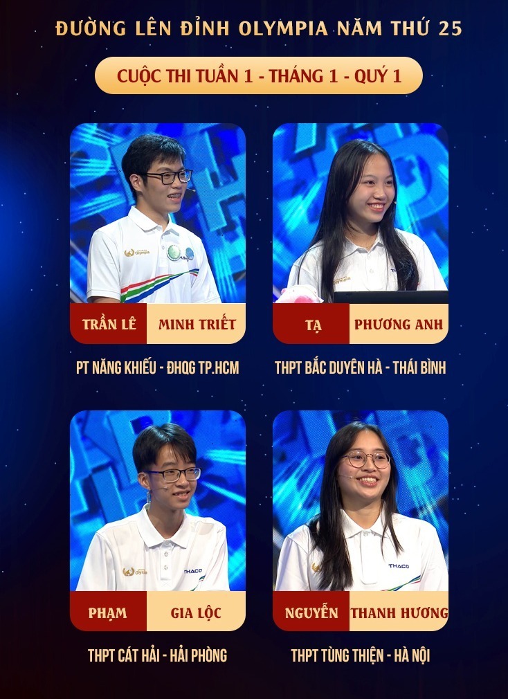 4 thí sinh trong trận thi tuần đầu tiên của Đường lên đỉnh Olympia năm thứ 25. Ảnh: Báo Tiền phong.
