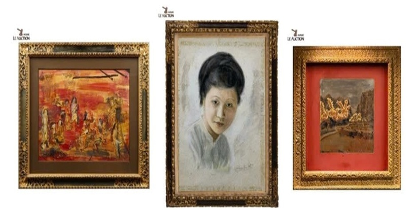 Từ trái qua phải: Nguyễn Gia Trí, “Vườn xuân”, sơn mài, 57x77cm. Đỗ Đình Hiệp, “Chân dung”, mực và bột màu trên giấy, 50x37cm. Hoàng Tích Chù, “Phong cảnh làng quê”, sơn mài, 30.2x30.2cm.