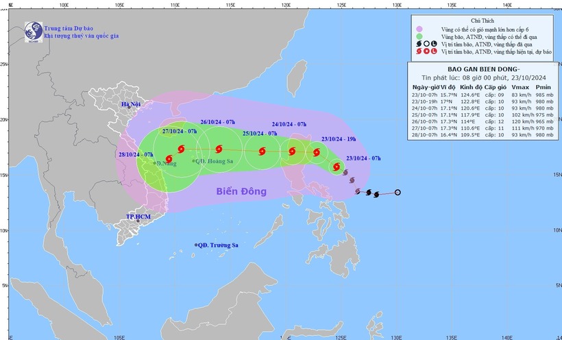 Tin bão Trà Mi mới nhất ngày 23/10: Di chuyển nhanh vào biển Đông, mạnh lên cấp 12, giật cấp 15. Ảnh: Trung tâm Dự báo Khí tượng Thủy văn Quốc gia
