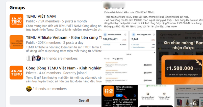 Các hội nhóm hướng dẫn kiếm tiền qua Temu thu hút hàng trăm nghìn thành viên. Nhiều người đăng tải số tiền thưởng kiếm được lên tới hàng chục triệu đồng.