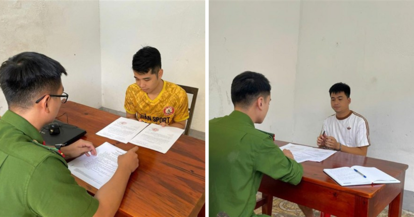 Lê Anh Vũ và Hoàng Đức Tiến tại cơ quan công an.