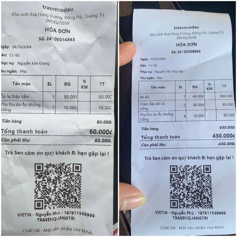 Phiếu tính tiền của quán Trà Sen Cọ Dầu với khoản phụ thu "ăn không uống" đang gây xôn xao cộng đồng mạng - Ảnh: H.T.