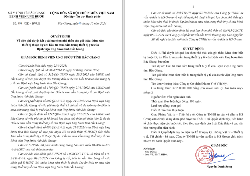 CTCP đầu tư y tế Việt Mỹ một mình tham dự trúng gói thầu trị giá 39,2 tỷ đồng, tiết kiệm 1,13%.