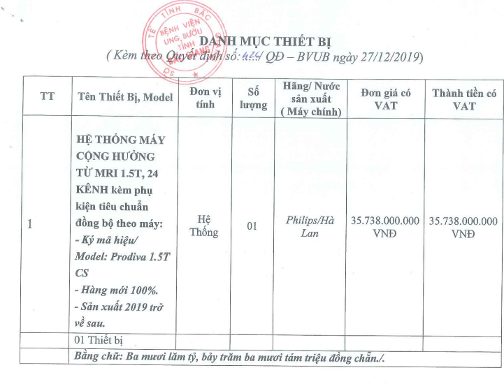 Hệ thống máy chụp cộng hưởng từ (MRI) mà Tổng CTCP Danameco cung cấp cho Bệnh viện Ung bướu tỉnh Bắc Giang với giá 35,7 tỷ đồng.