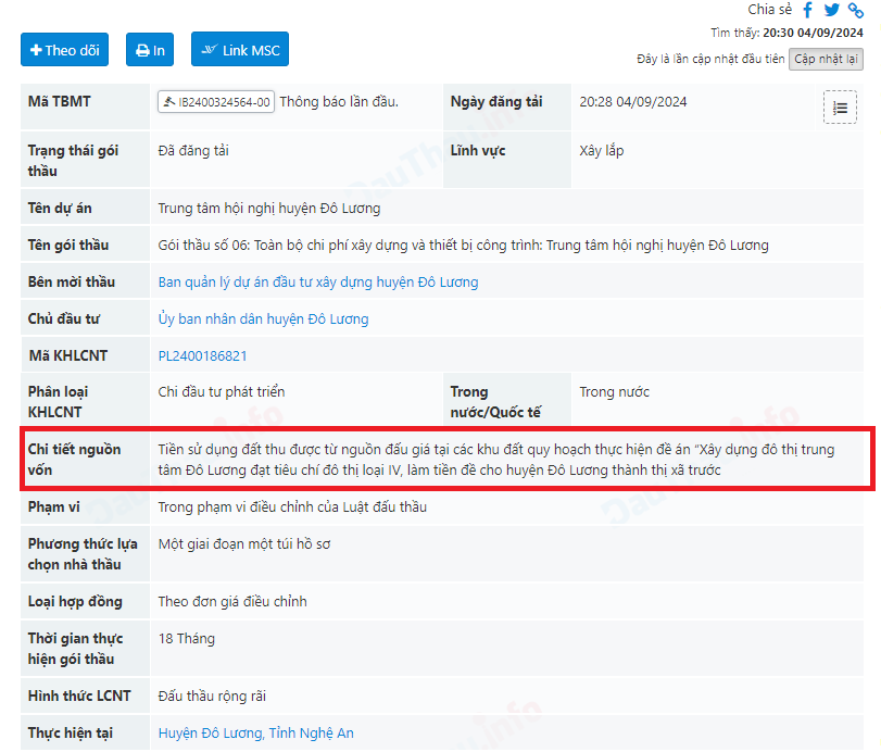 Nguồn vốn của gói thầu. Ảnh chụp màn hình ngày 10/10.